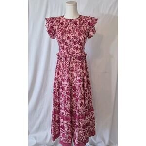 Bindu Womens Pink Purple Indian Block Print Floral Midi Dress Small 100% Cotton